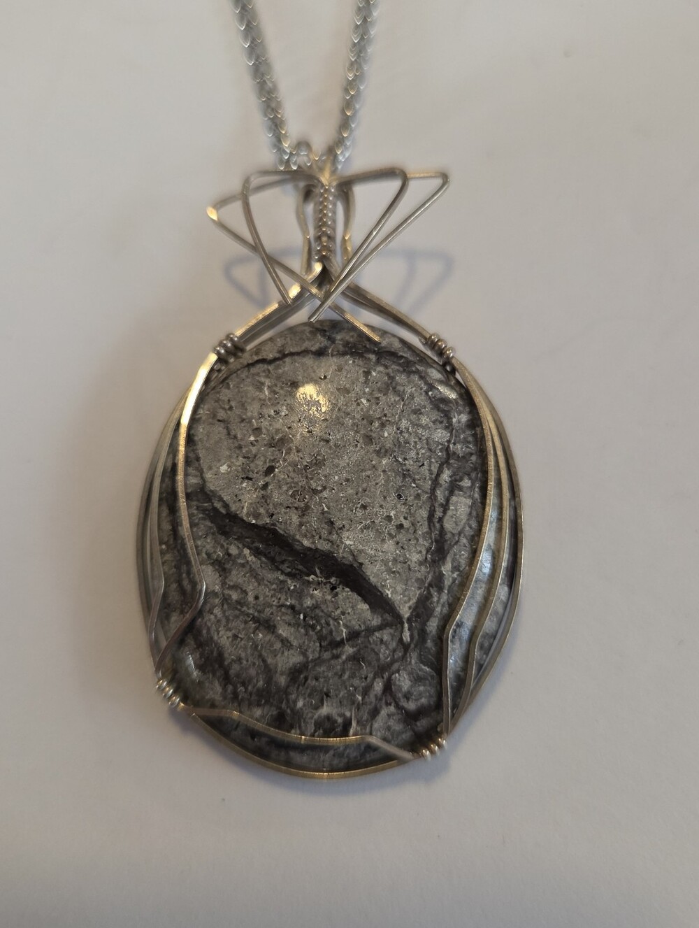 Silver Wire-Wrapped Gray Stone Pendant Necklace